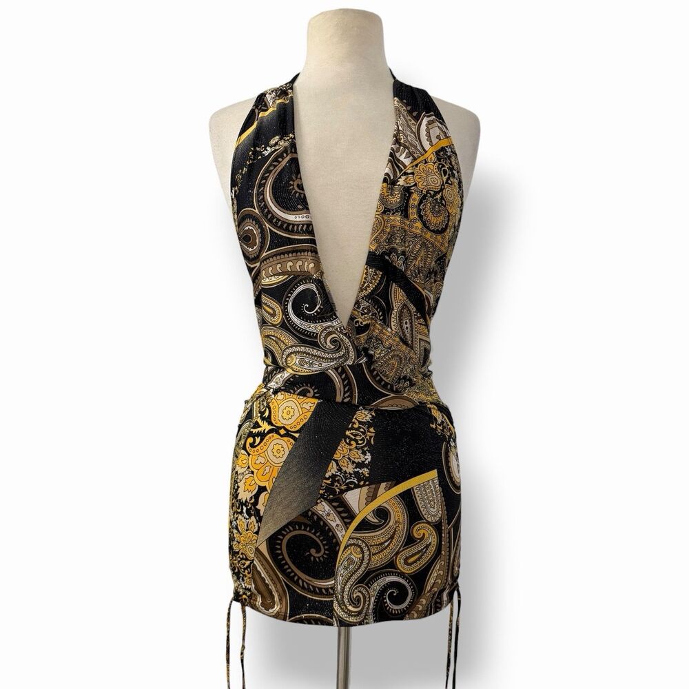Y2K Baroque Paisley Plunging Halter Mini Dress Gold Metal Chain Backless XS